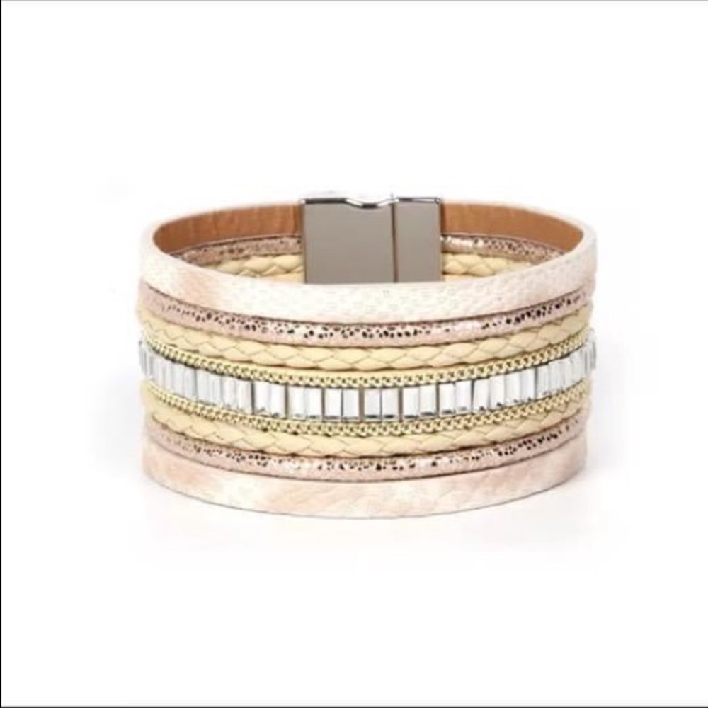 Cream Silver and Rose Gold Mixed Leather Bracelet